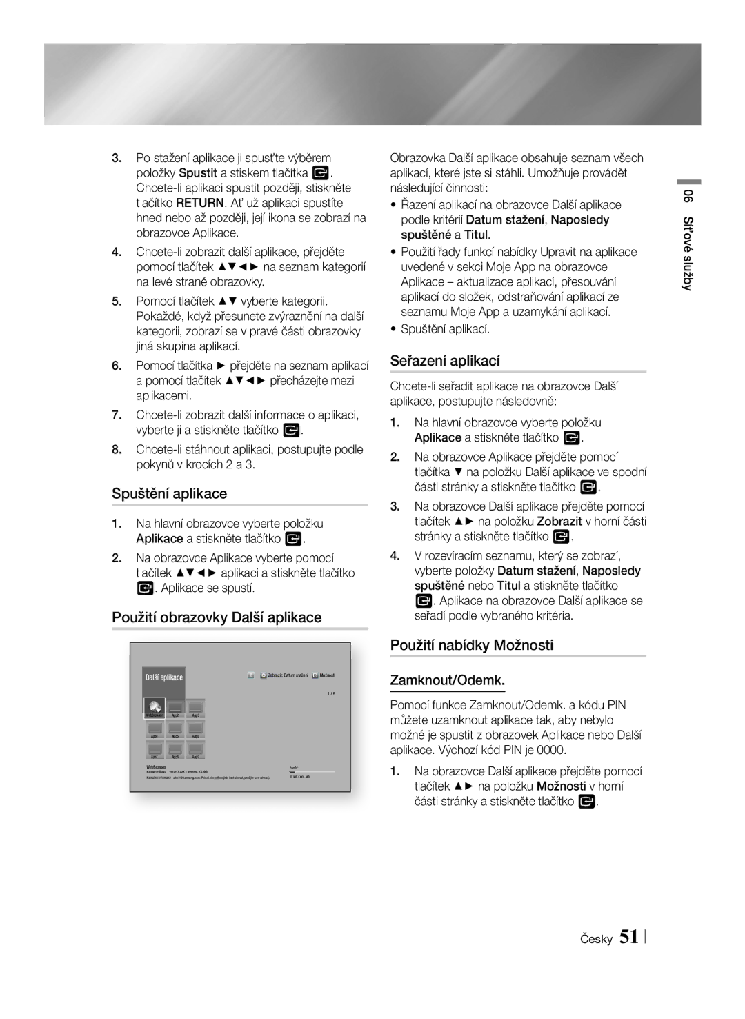 Samsung BD-F7500/EN manual Spuštění aplikace, Použití obrazovky Další aplikace, Seřazení aplikací, Použití nabídky Možnosti 