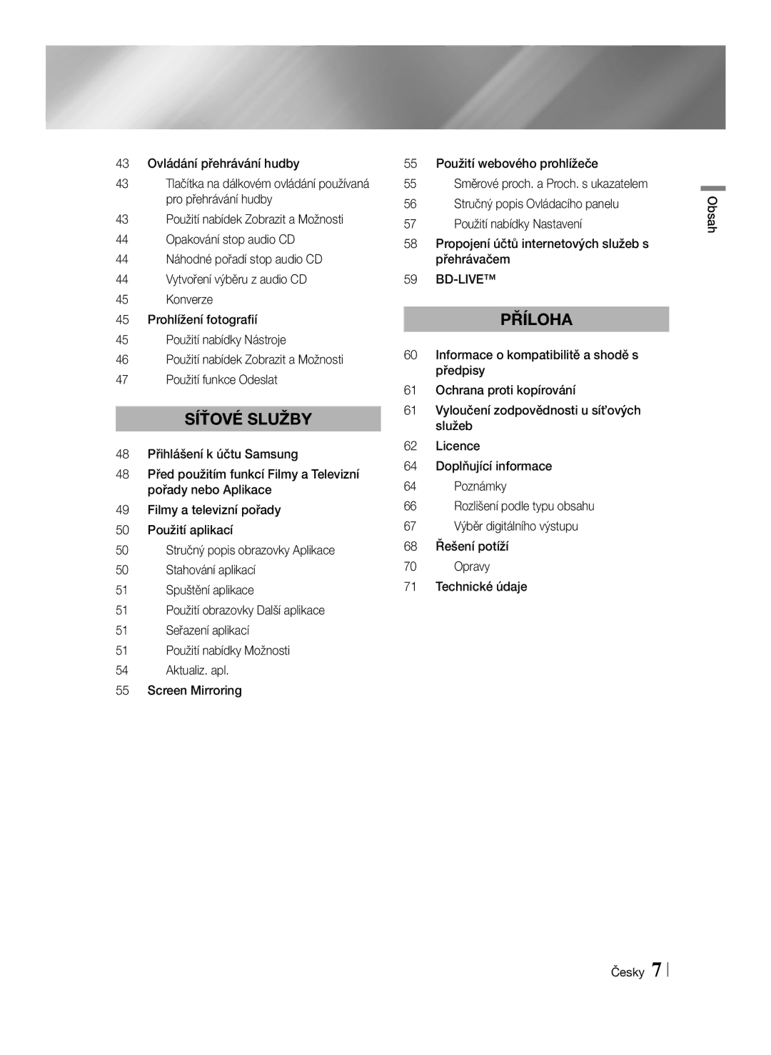 Samsung BD-F7500/EN manual Bd-Live, Obsah Česky 