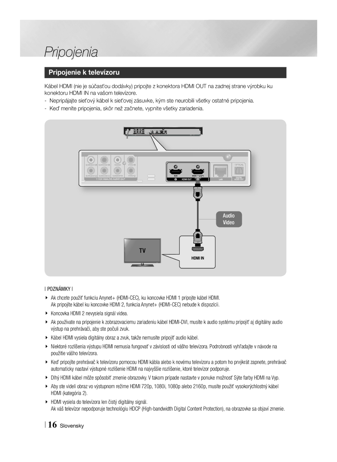 Samsung BD-F7500/EN manual Pripojenia, Pripojenie k televízoru 