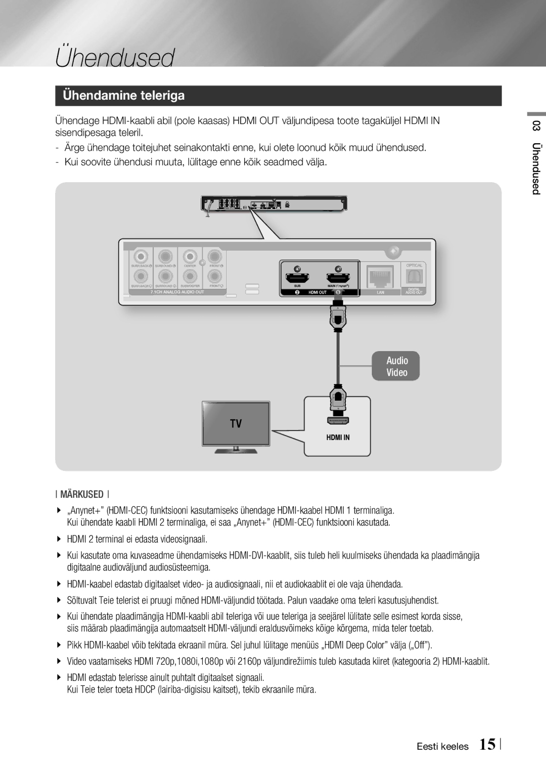 Samsung BD-F7500/EN manual Ühendamine teleriga, 03 Ühendused Eesti keeles 