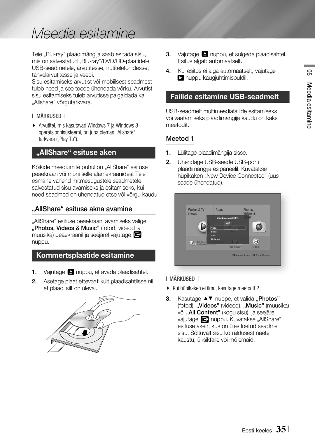 Samsung BD-F7500/EN Meedia esitamine, „AllShare esituse aken, Failide esitamine USB-seadmelt, Kommertsplaatide esitamine 