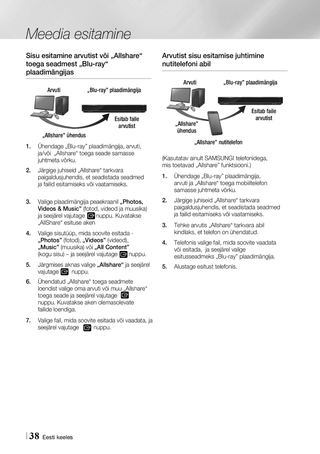 Samsung BD-F7500/EN manual Arvutist sisu esitamise juhtimine nutitelefoni abil, Alustage esitust telefonis 