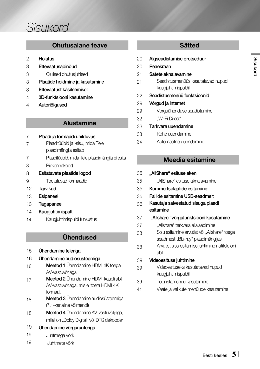 Samsung BD-F7500/EN manual 19 Ühendamine võrguruuteriga Juhtmega võrk Juhtmeta võrk, Sisukord Eesti keeles 