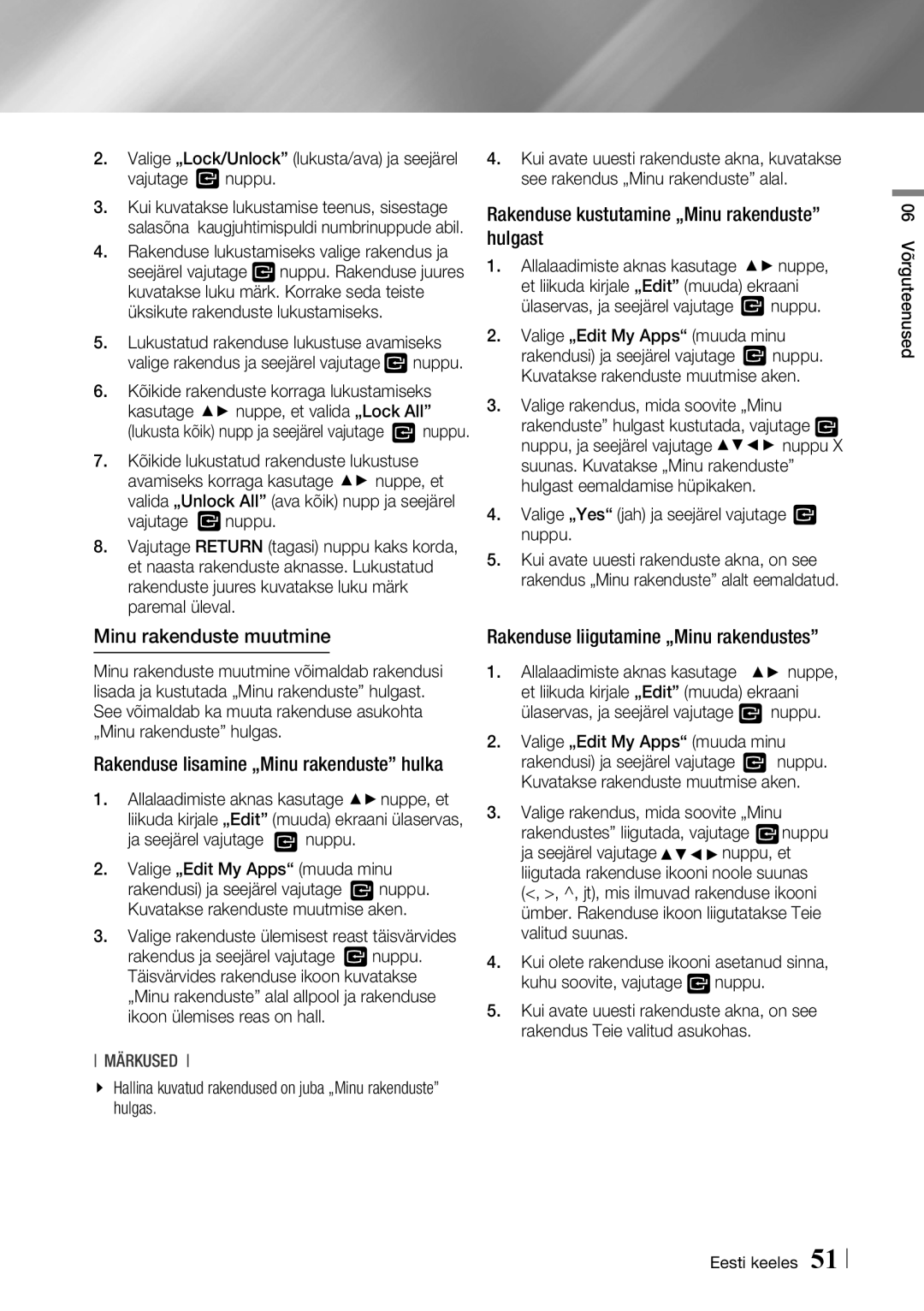 Samsung BD-F7500/EN manual Rakenduse kustutamine „Minu rakenduste hulgast, Minu rakenduste muutmine 