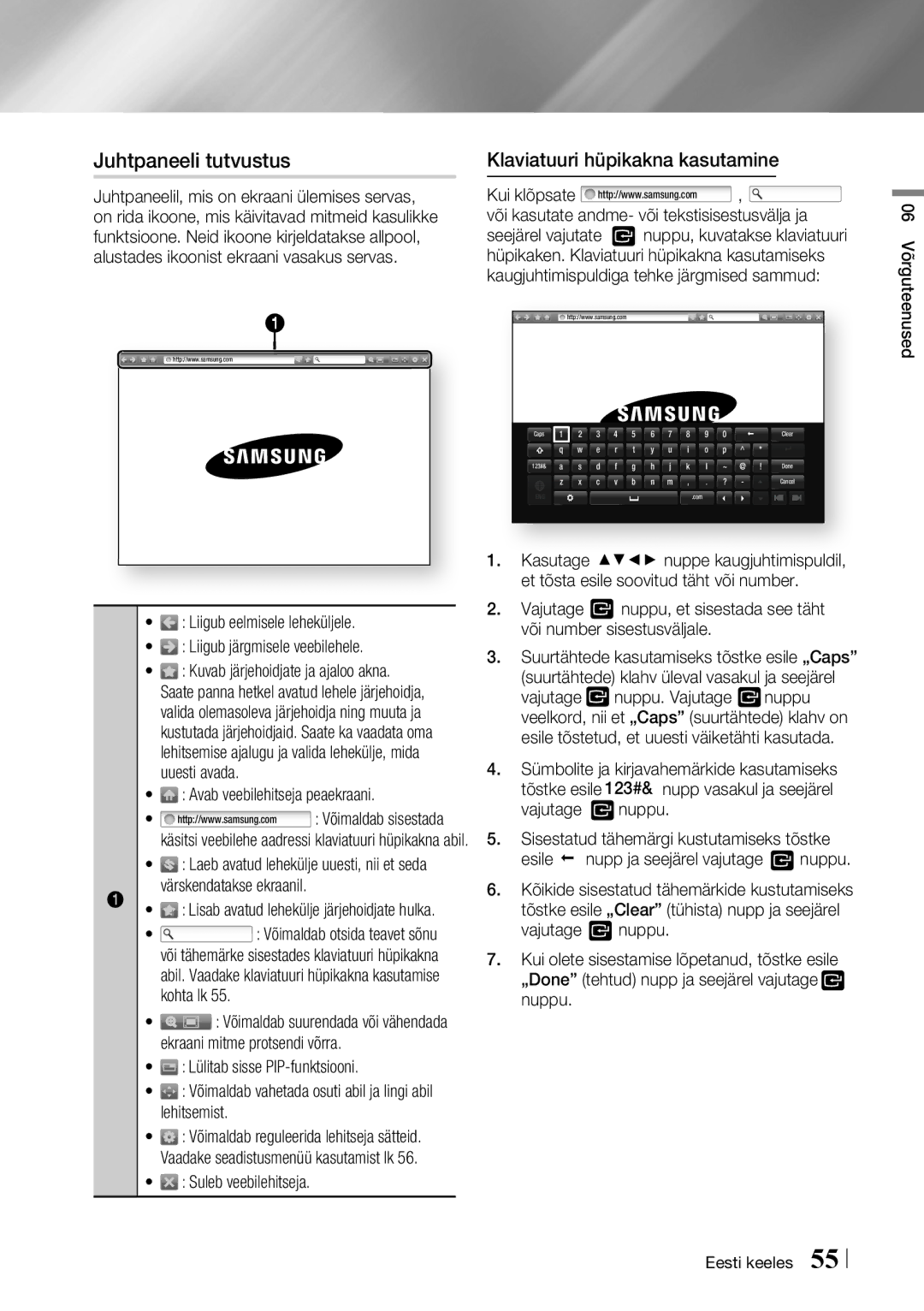 Samsung BD-F7500/EN manual Juhtpaneeli tutvustus, Klaviatuuri hüpikakna kasutamine,  Avab veebilehitseja peaekraani 