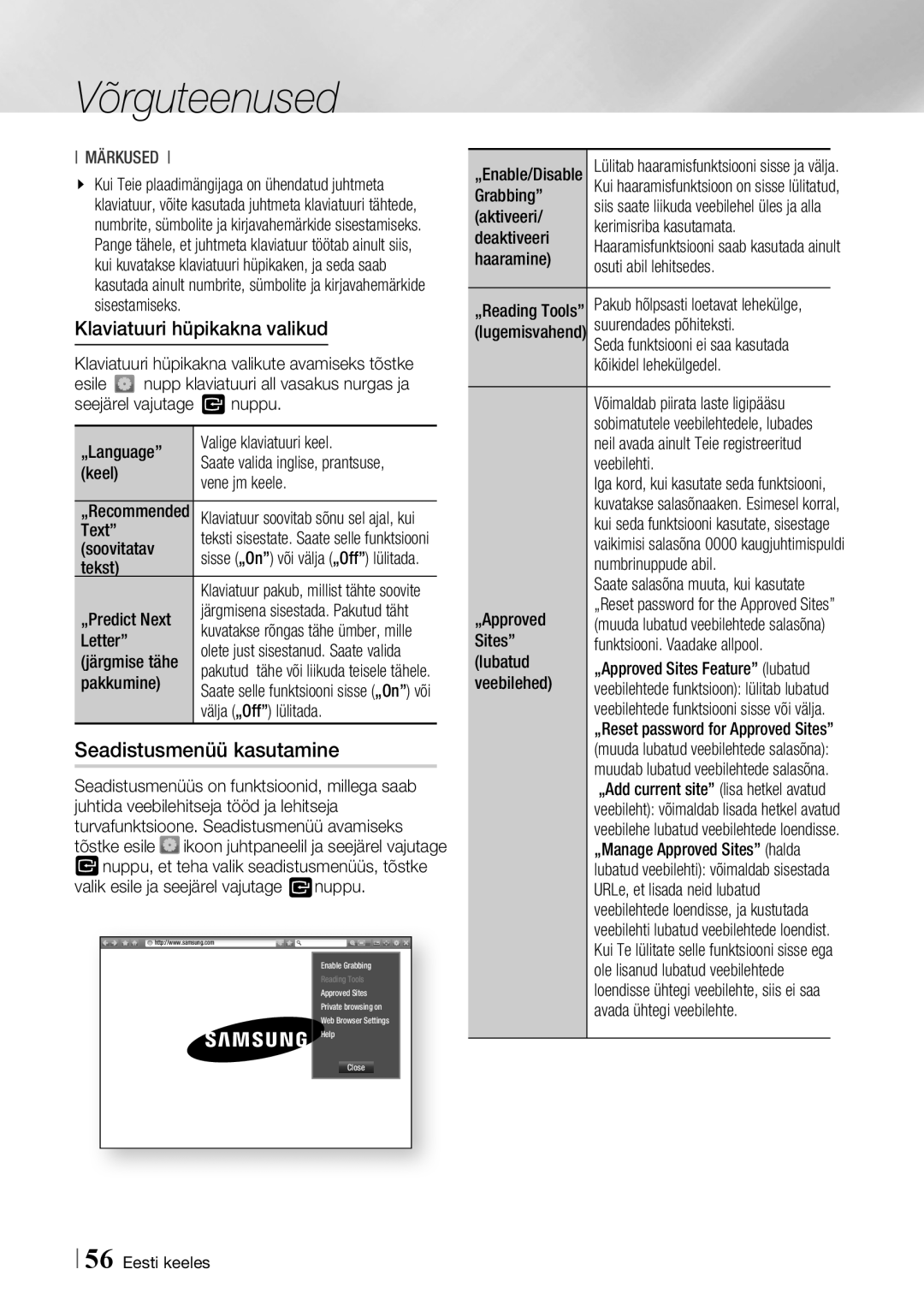 Samsung BD-F7500/EN manual Seadistusmenüü kasutamine, Klaviatuuri hüpikakna valikud 