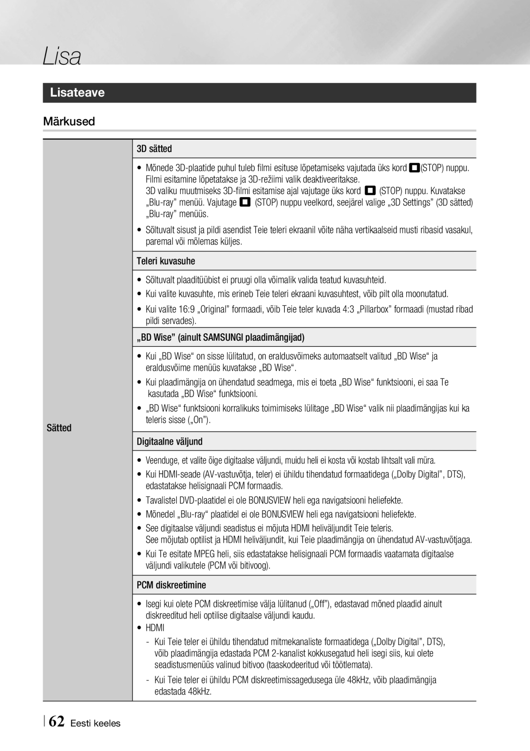 Samsung BD-F7500/EN manual Lisateave, Märkused, Sätted 3D sätted,  Hdmi 