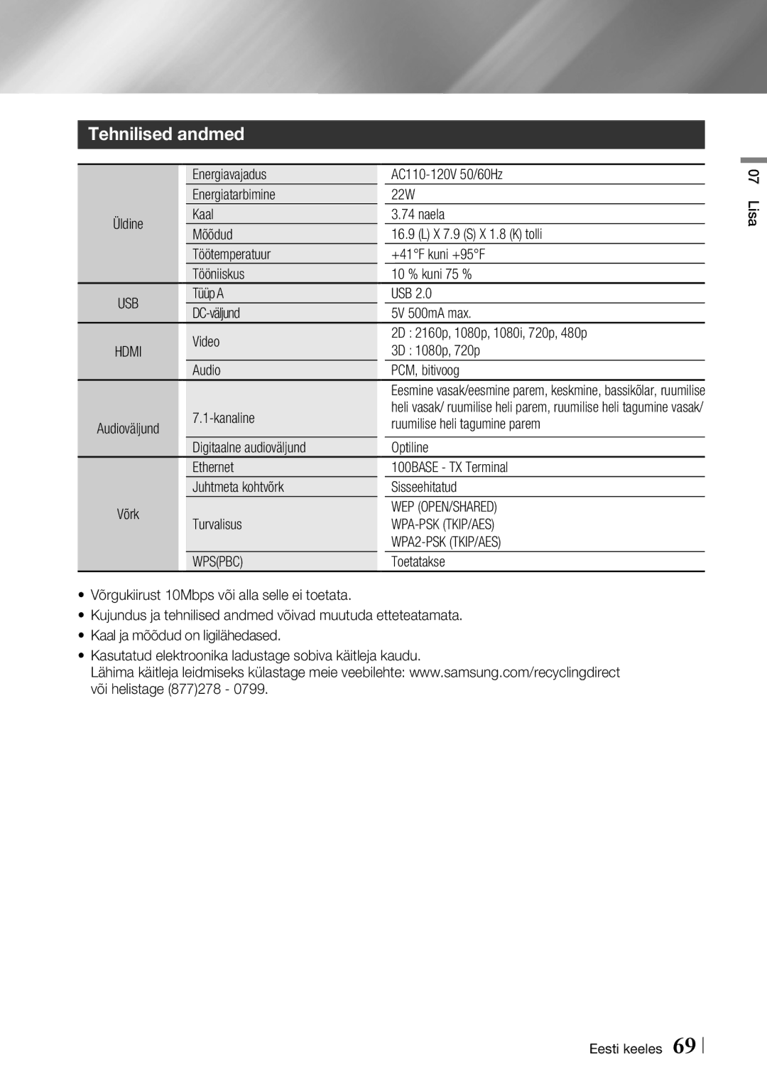 Samsung BD-F7500/EN manual Tehnilised andmed, WEP OPEN/SHARED WPA-PSK TKIP/AES WPA2-PSK TKIP/AES Wpspbc 