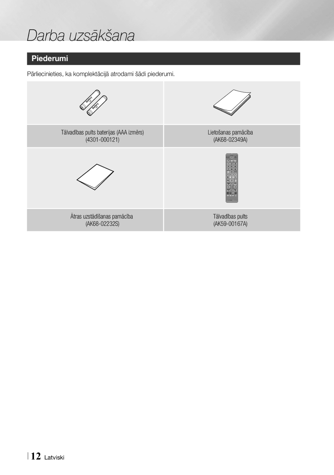 Samsung BD-F7500/EN Piederumi, Pārliecinieties, ka komplektācijā atrodami šādi piederumi, Ātras uzstādīšanas pamācība 