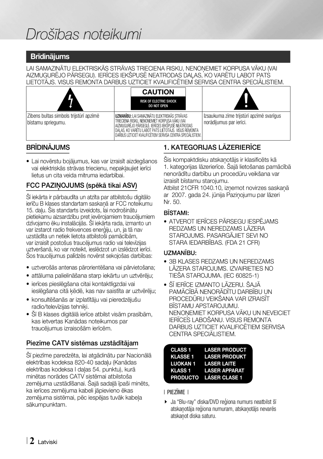 Samsung BD-F7500/EN Drošības noteikumi, Brīdinājums, FCC Paziņojums spēkā tikai ASV, Piezīme Catv sistēmas uzstādītājam 