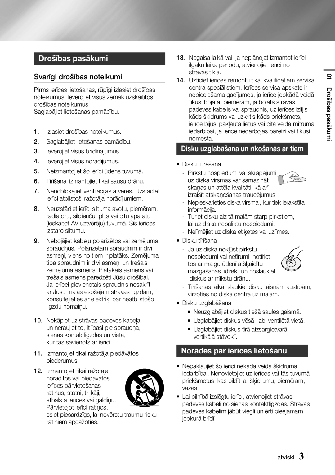 Samsung BD-F7500/EN manual Drošības pasākumi, Svarīgi drošības noteikumi, Norādes par ierīces lietošanu,  Disku turēšana 