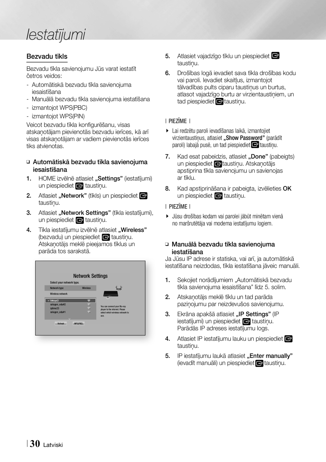 Samsung BD-F7500/EN manual Bezvadu tīkls, Atlasiet IP iestatījumu lauku un piespiediet E taustiņu, Network Settings 