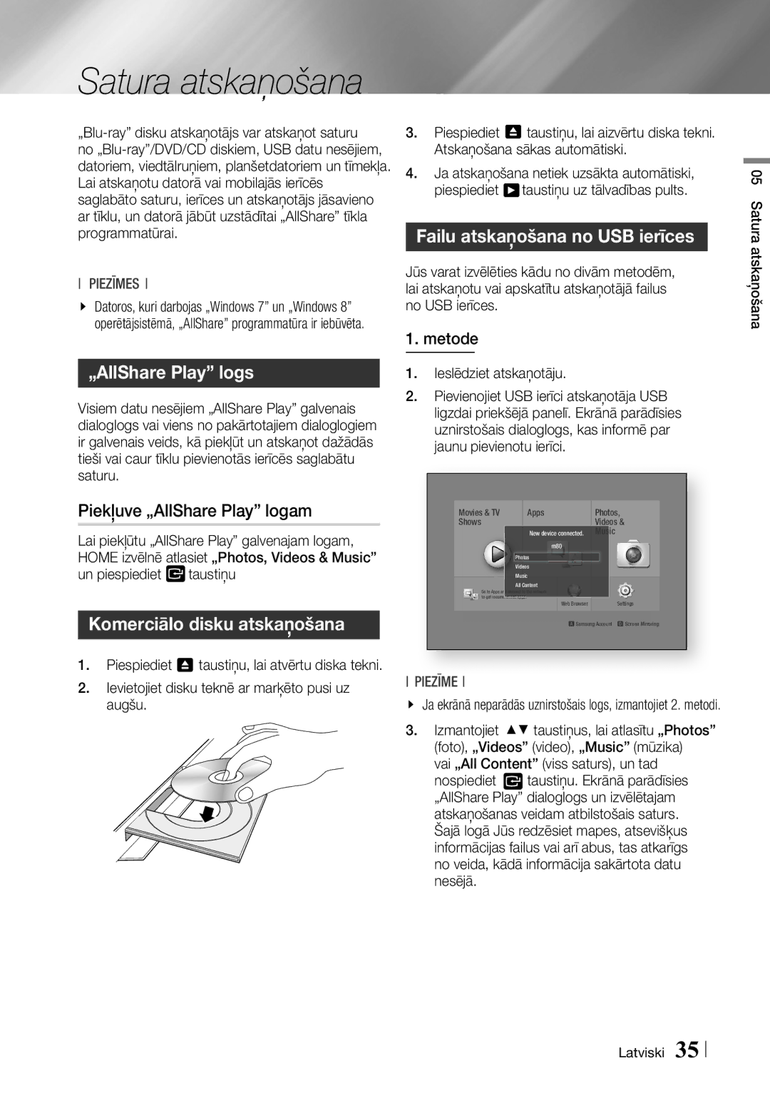 Samsung BD-F7500/EN manual Satura atskaņošana, „AllShare Play logs, Failu atskaņošana no USB ierīces 