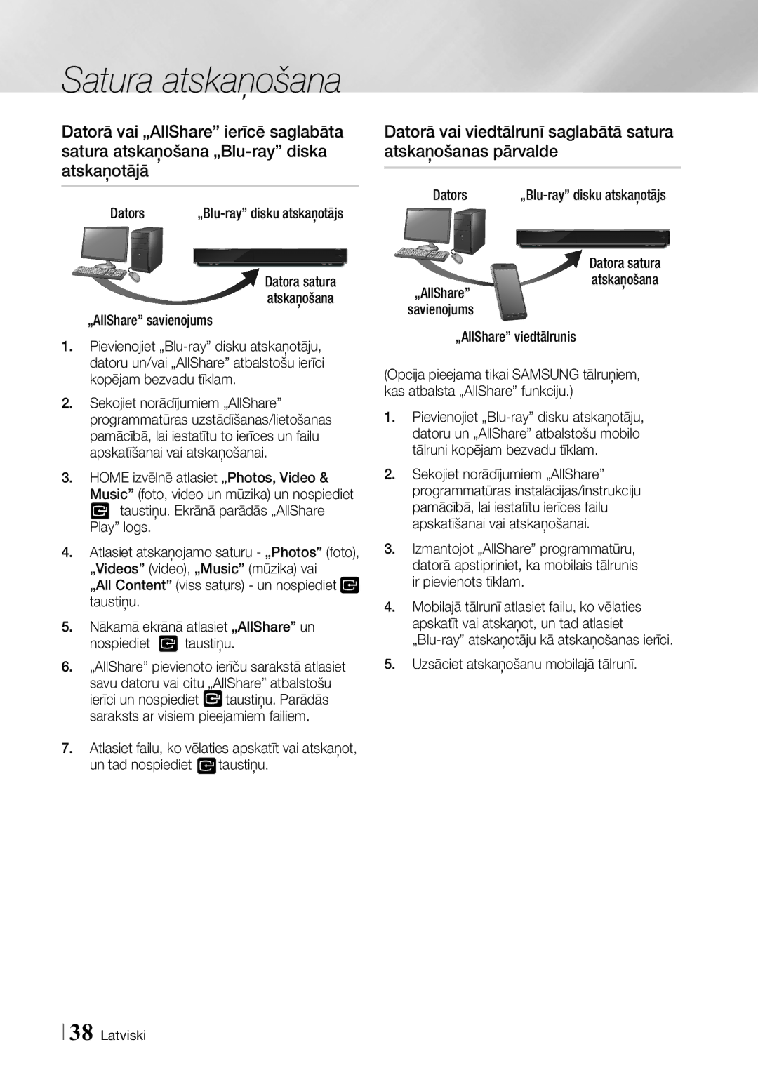 Samsung BD-F7500/EN manual Dators, „AllShare savienojums, „AllShare viedtālrunis, Uzsāciet atskaņošanu mobilajā tālrunī 