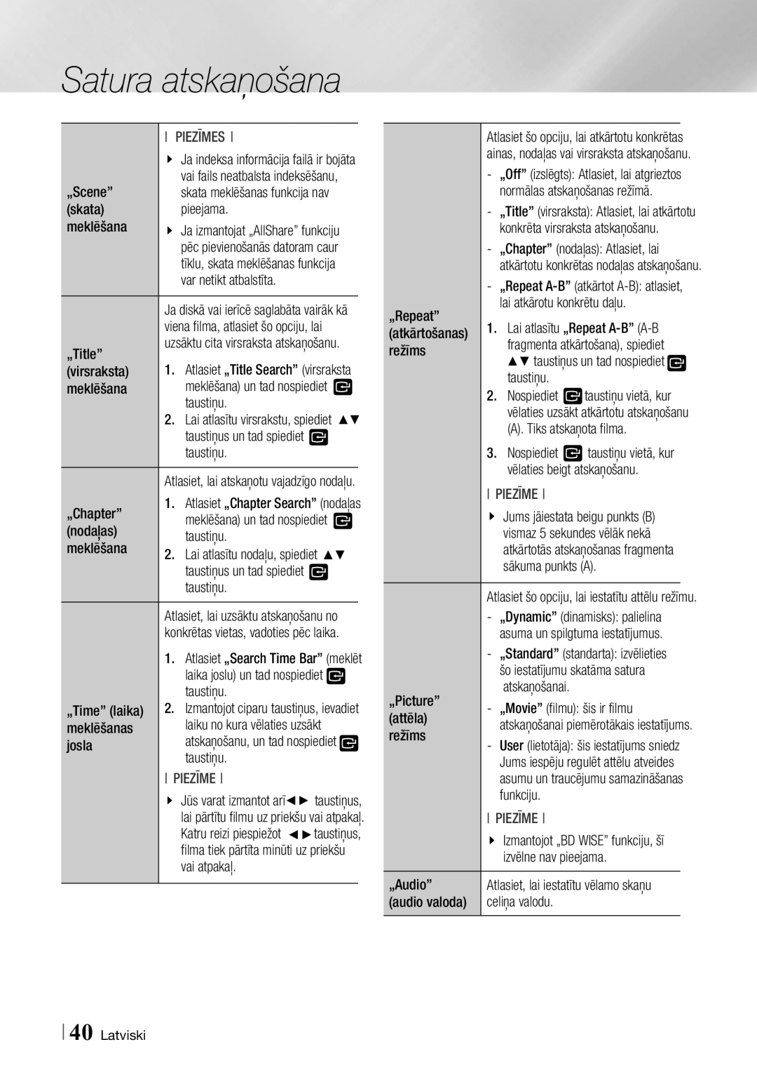 Samsung BD-F7500/EN „Scene, Skata Pieejama Meklēšana, Var netikt atbalstīta, „Title, Virsraksta, Taustiņu, „Chapter, Josla 