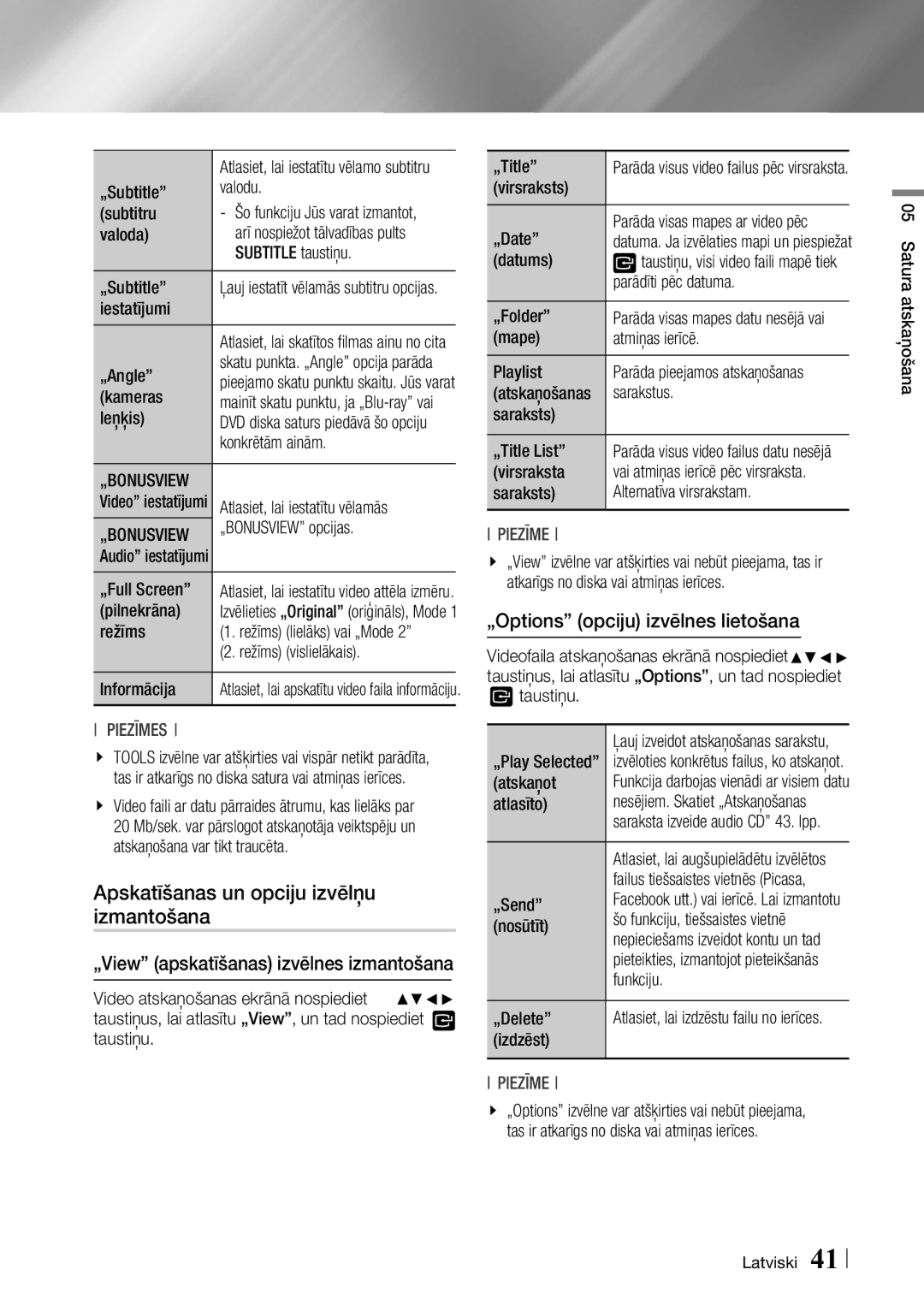 Samsung BD-F7500/EN manual Apskatīšanas un opciju izvēlņu izmantošana, „Options opciju izvēlnes lietošana, „Bonusview 