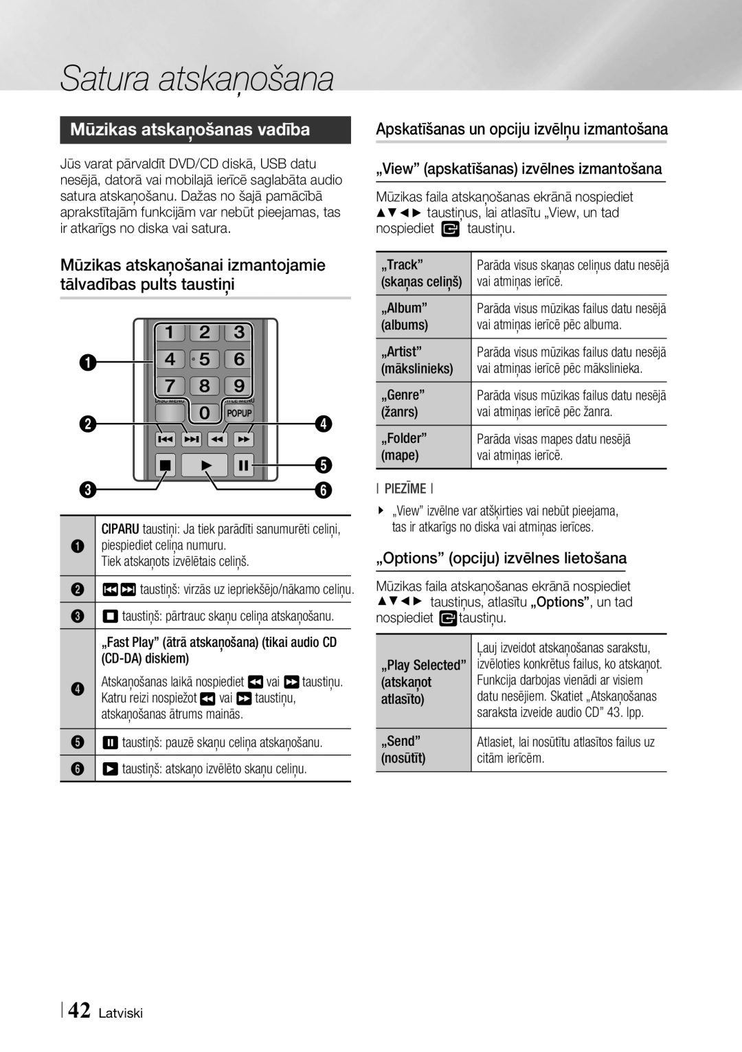 Samsung BD-F7500/EN manual Mūzikas atskaņošanas vadība, Mūzikas atskaņošanai izmantojamie tālvadības pults taustiņi 