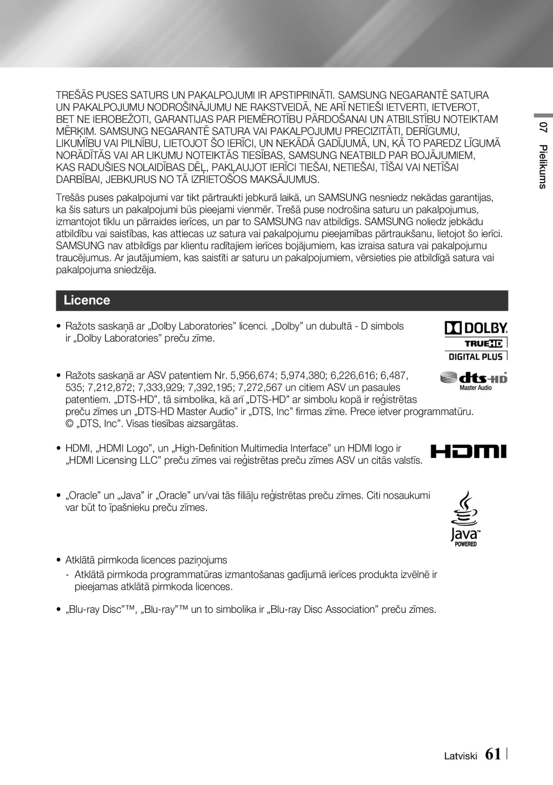 Samsung BD-F7500/EN manual Licence 