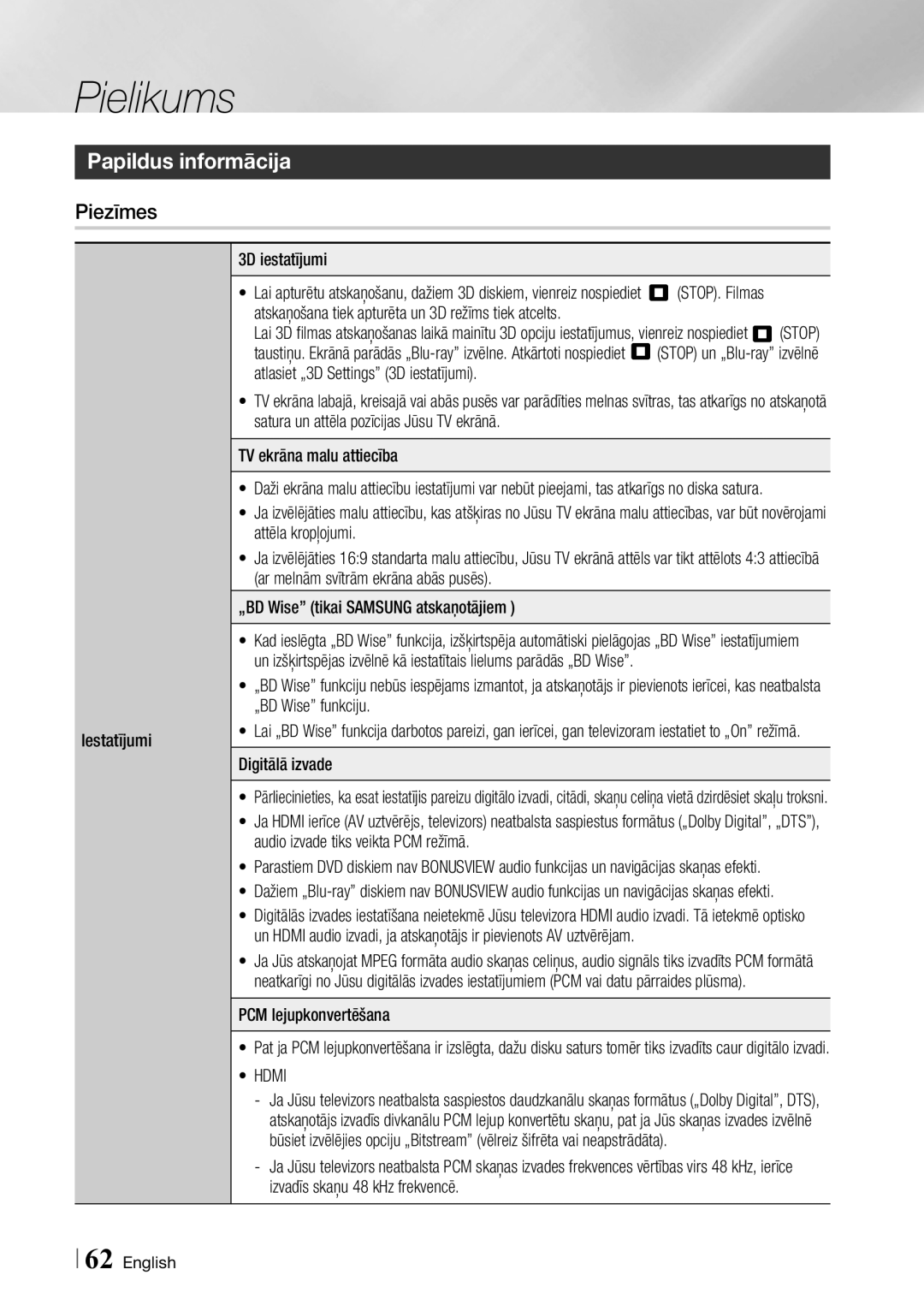 Samsung BD-F7500/EN manual Papildus informācija, Piezīmes 