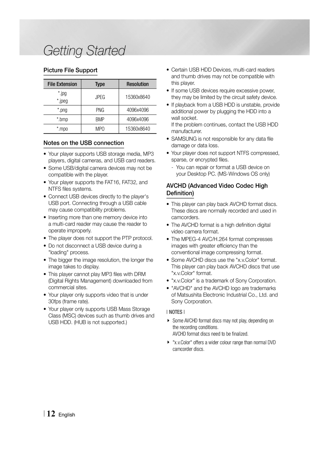 Samsung BD-F7500/UM manual Picture File Support, Avchd Advanced Video Codec High Definition 