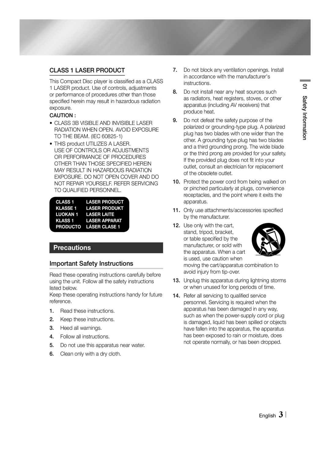 Samsung BD-F7500/UM Precautions, Important Safety Instructions, This product Utilizes a Laser, Safety Information English 