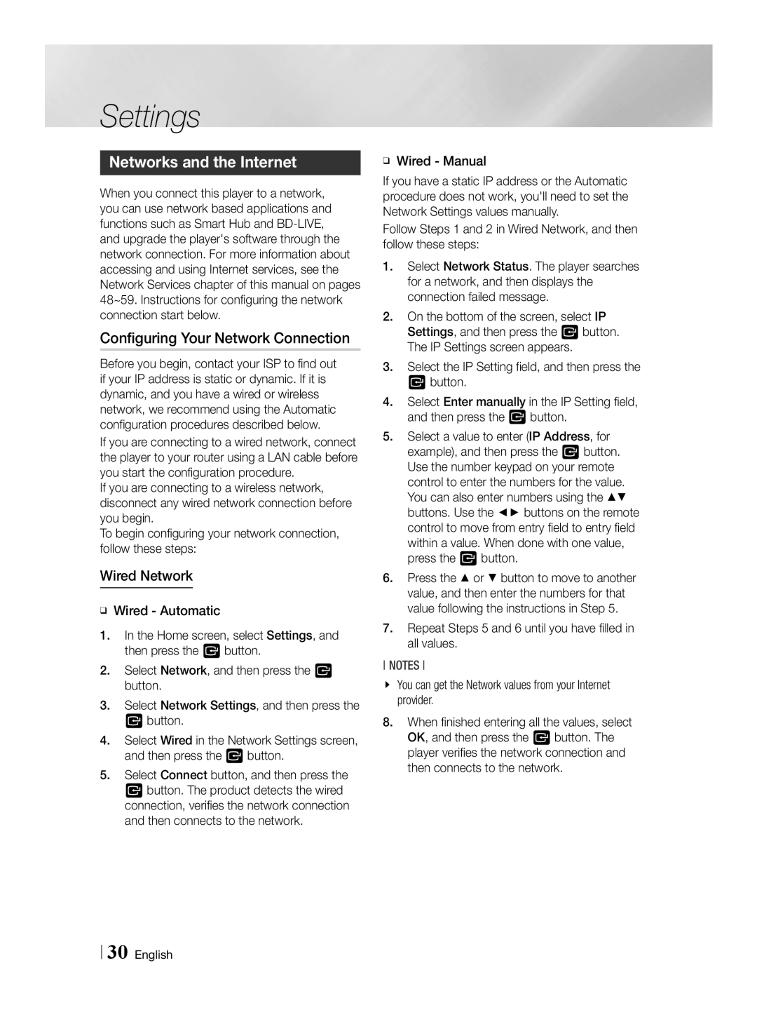 Samsung BD-F7500/UM manual Networks and the Internet, Configuring Your Network Connection, Wired Network, ĞĞ Wired Manual 