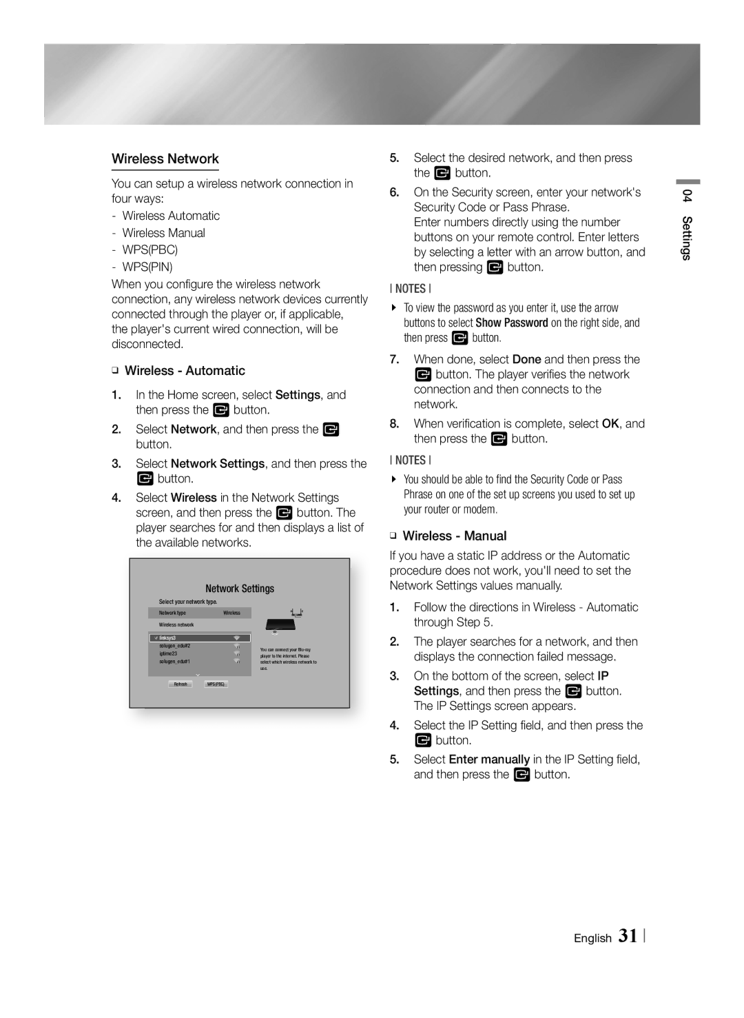 Samsung BD-F7500/UM manual Wireless Network, Wpspin 