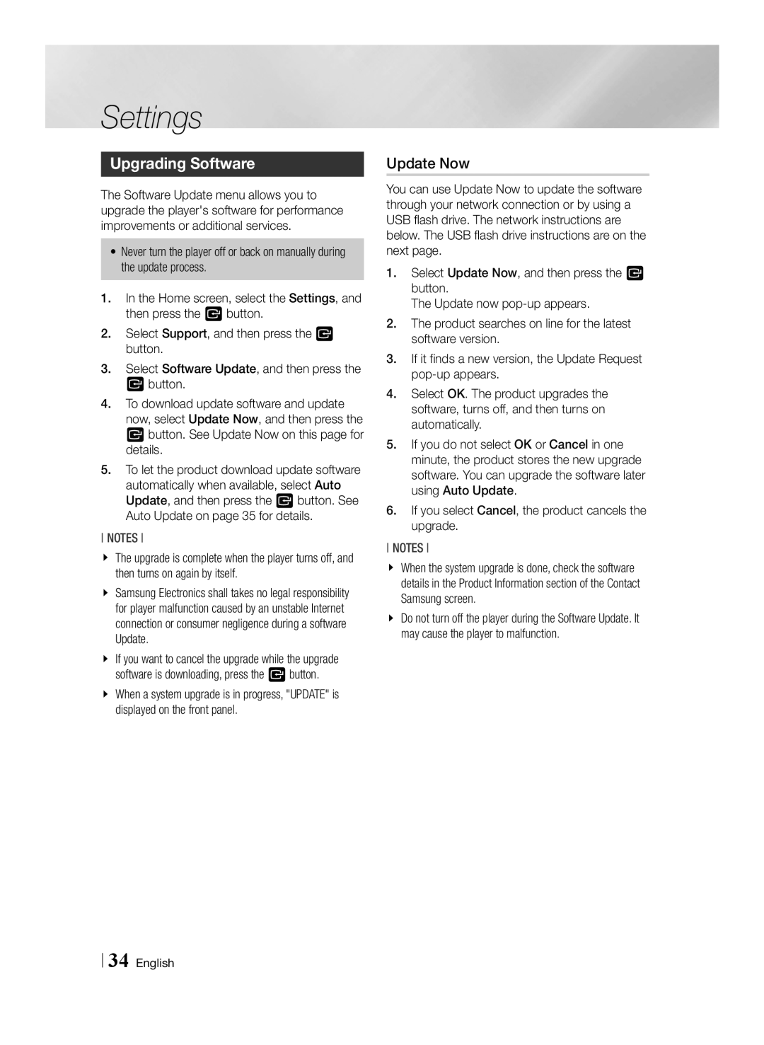 Samsung BD-F7500/UM manual Upgrading Software, Button. See Update Now on this page for details 