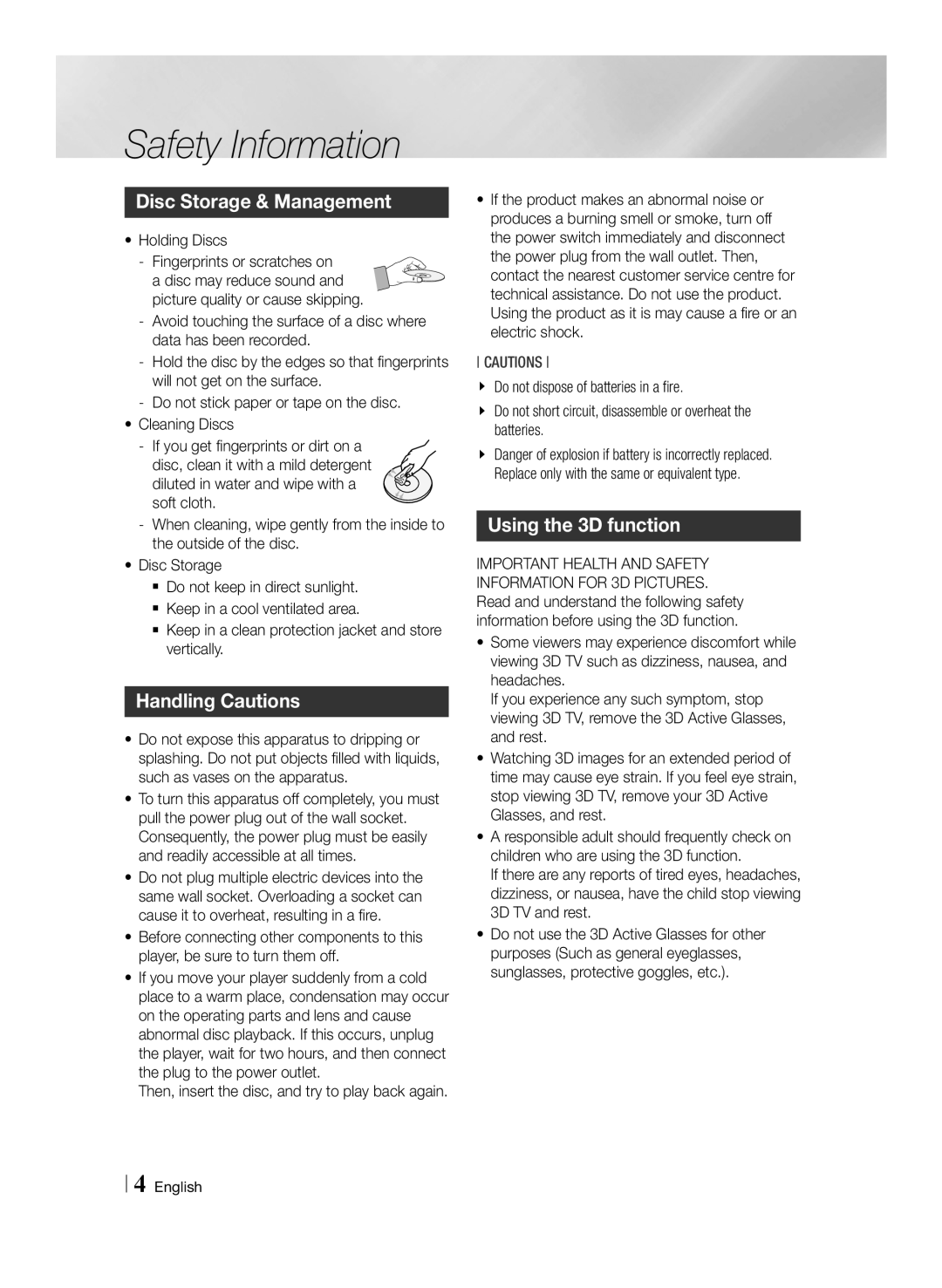 Samsung BD-F7500/UM manual Disc Storage & Management, Handling Cautions, Using the 3D function 