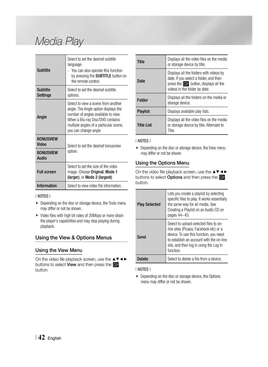 Samsung BD-F7500/UM manual Using the View & Options Menus, Using the View Menu, Using the Options Menu, Bonusview 