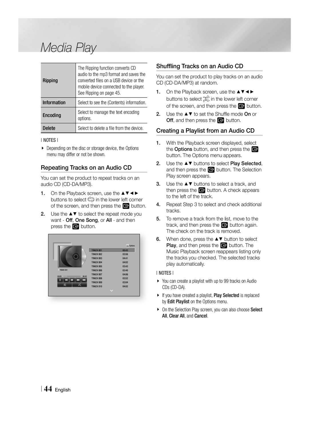 Samsung BD-F7500/UM Repeating Tracks on an Audio CD, Shuffling Tracks on an Audio CD, Creating a Playlist from an Audio CD 