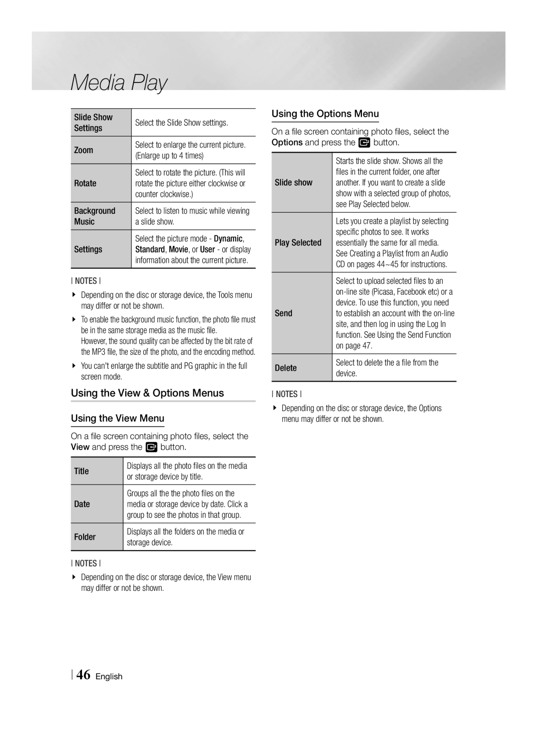 Samsung BD-F7500/UM Settings, Zoom, Enlarge up to 4 times, Rotate, Counter clockwise, Background, See Play Selected below 