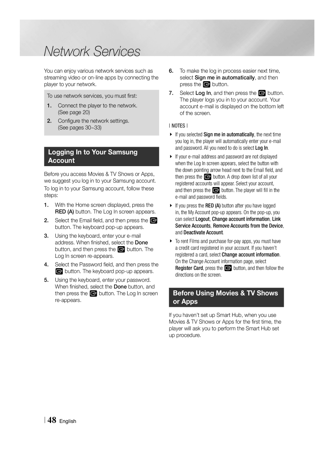 Samsung BD-F7500/UM manual Logging In to Your Samsung Account, Before Using Movies & TV Shows or Apps 