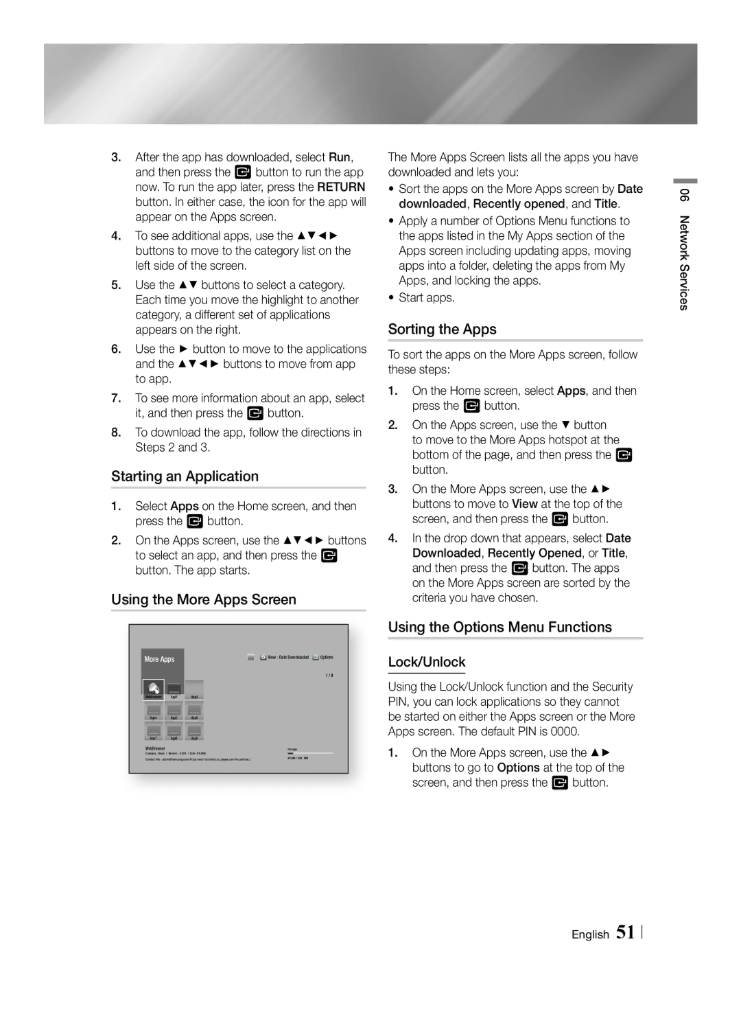 Samsung BD-F7500/UM manual Starting an Application, Using the More Apps Screen, Sorting the Apps, Lock/Unlock 