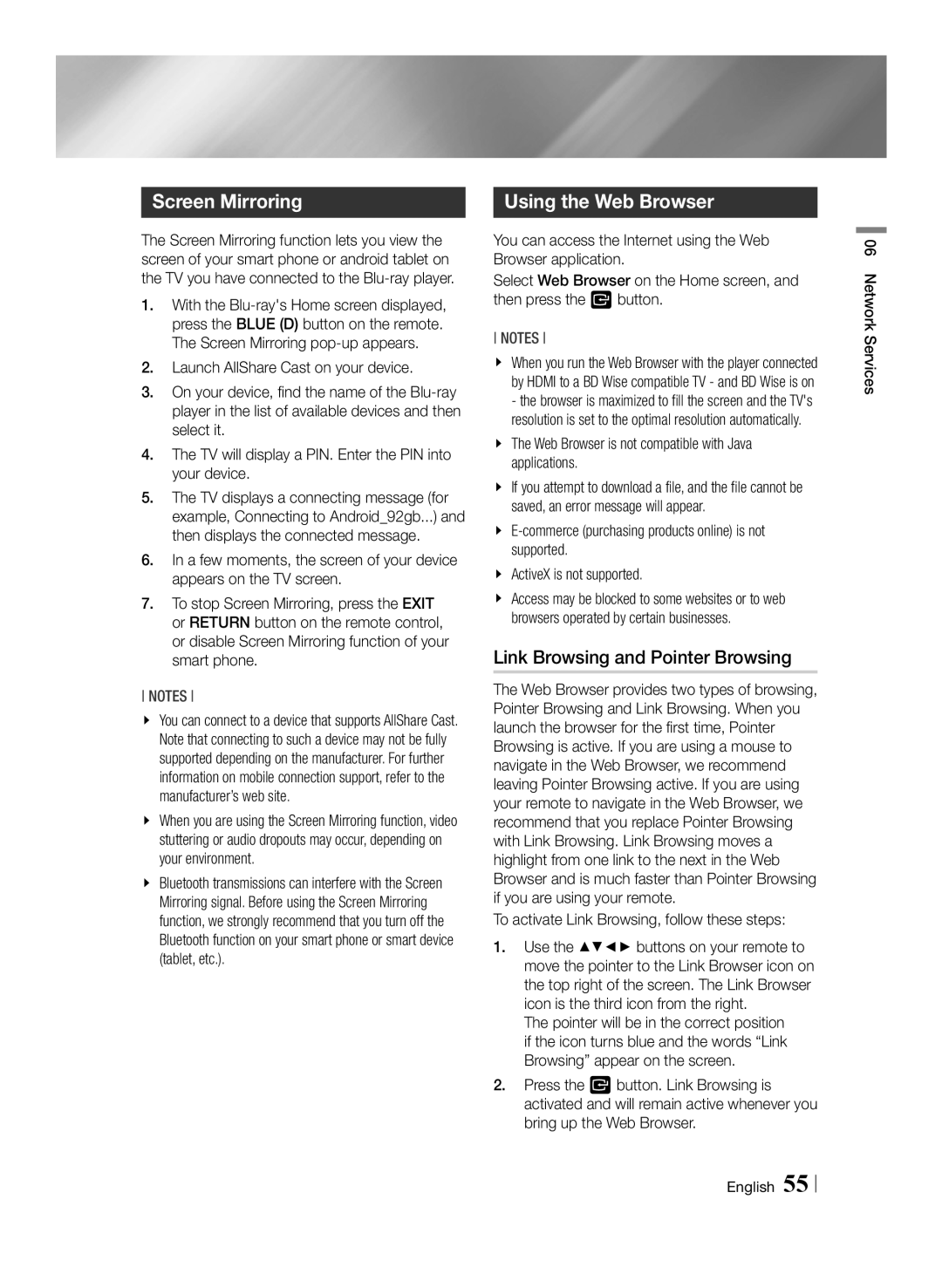 Samsung BD-F7500/UM manual Screen Mirroring, Using the Web Browser, Link Browsing and Pointer Browsing 