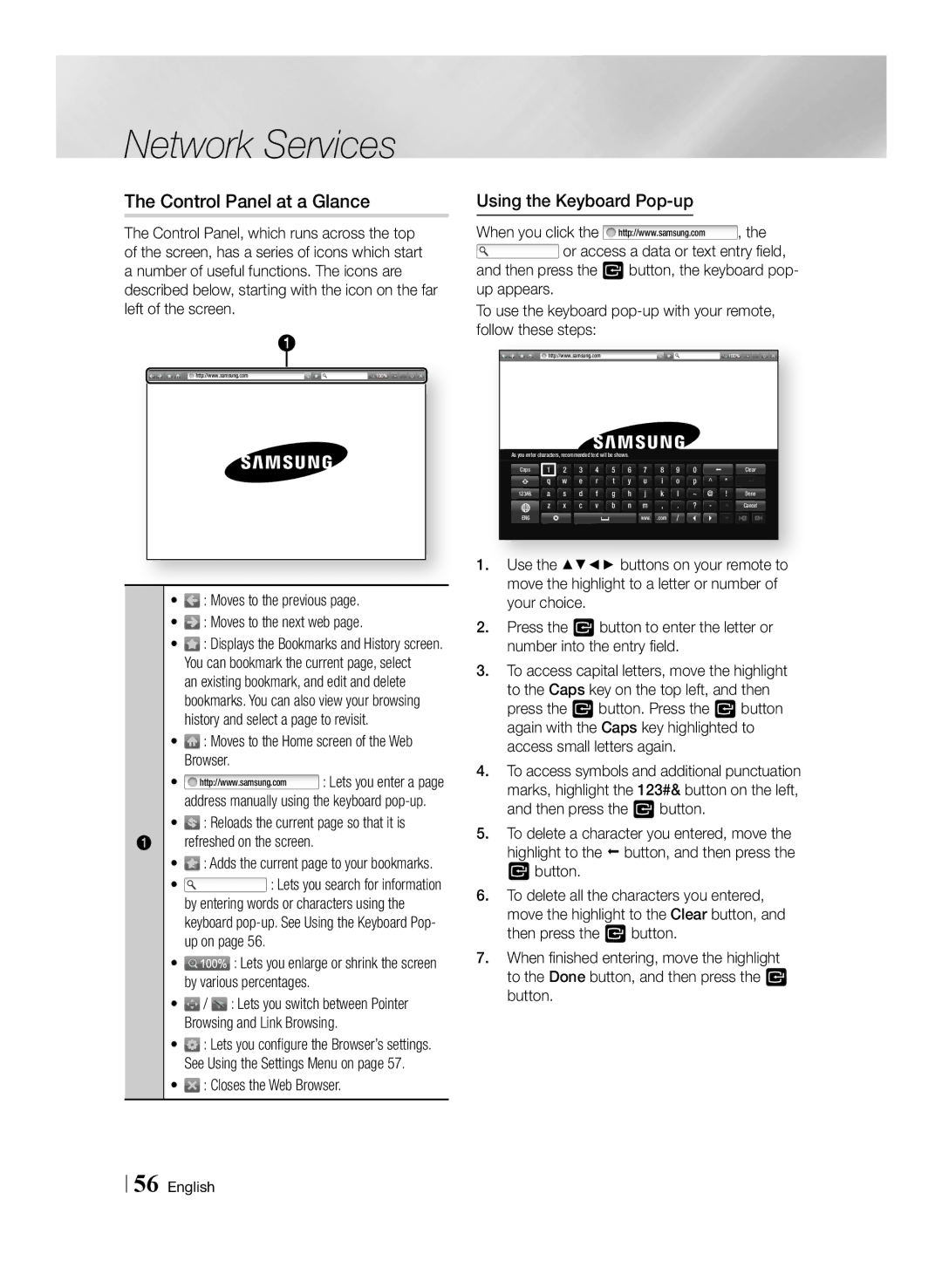 Samsung BD-F7500/UM manual Control Panel at a Glance, Using the Keyboard Pop-up 