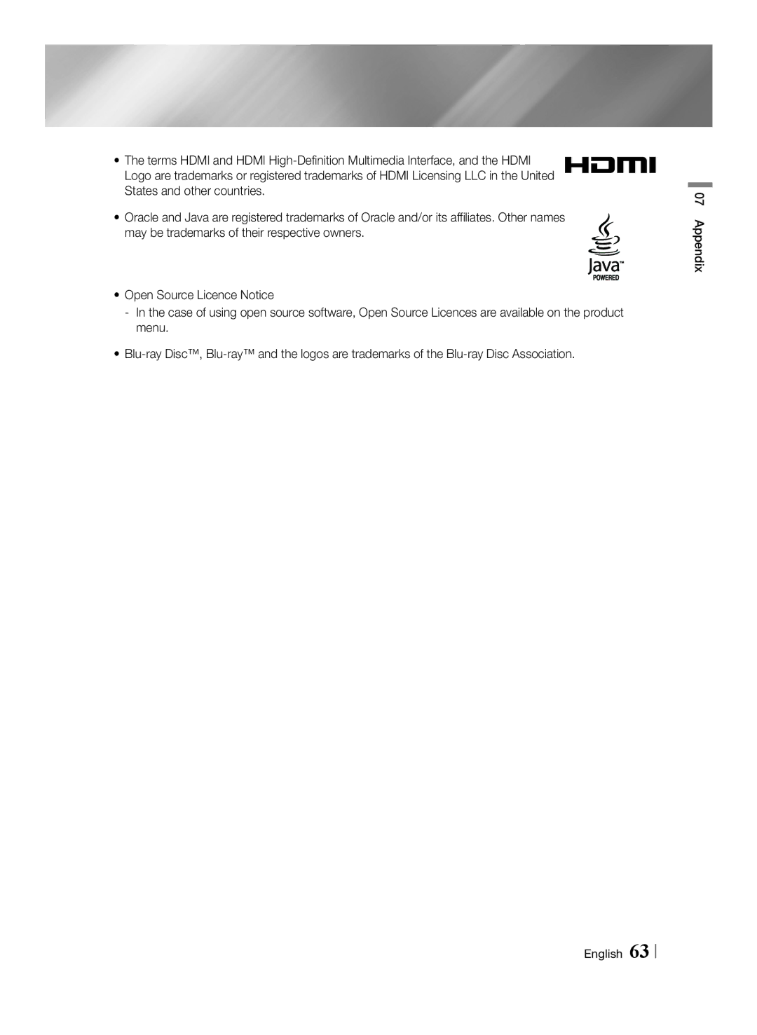 Samsung BD-F7500/UM manual Appendix English 