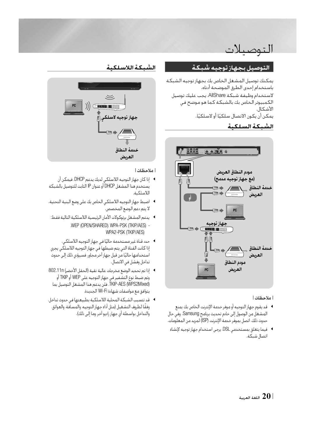 Samsung BD-F7500/UM manual ةيكلسلالا ةكبشلا, ةكبش هيجوت زاهجب ليصوتلا, ةيكلسلا ةكبشلا 