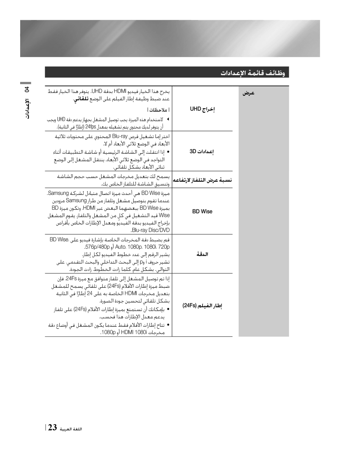 Samsung BD-F7500/UM manual تادادعلإا ةمئاق فئاظو, يئاقلت عضولا ىلع مليفلا راطإ ةفيظو طبض دنع 