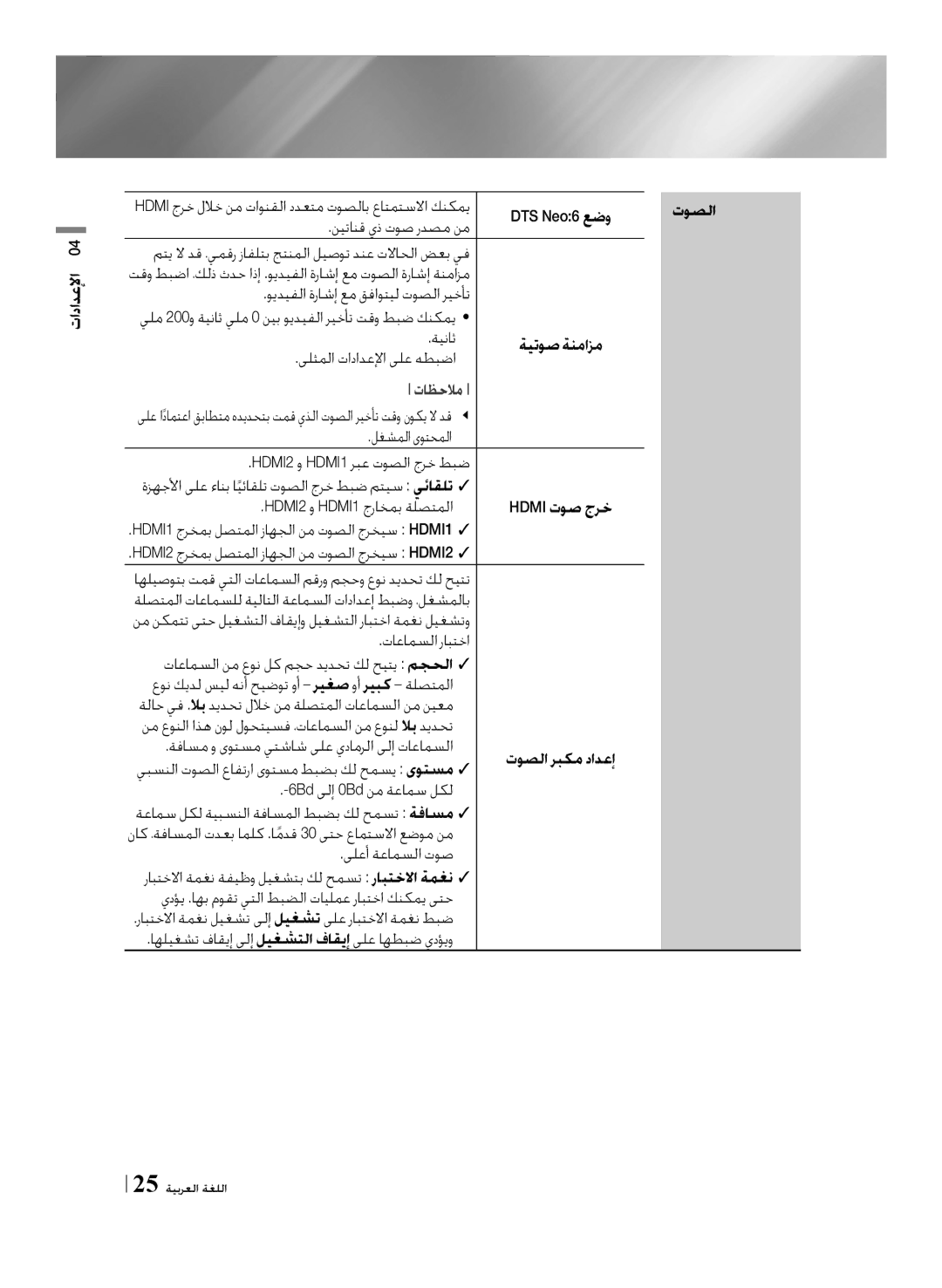 Samsung BD-F7500/UM manual نيتانق يذ توص ردصم نم, لغشملا ىوتحملا, عون كيدل سيل هنأ حيضوت وأ, 25 ةيبرعلا ةغللا 