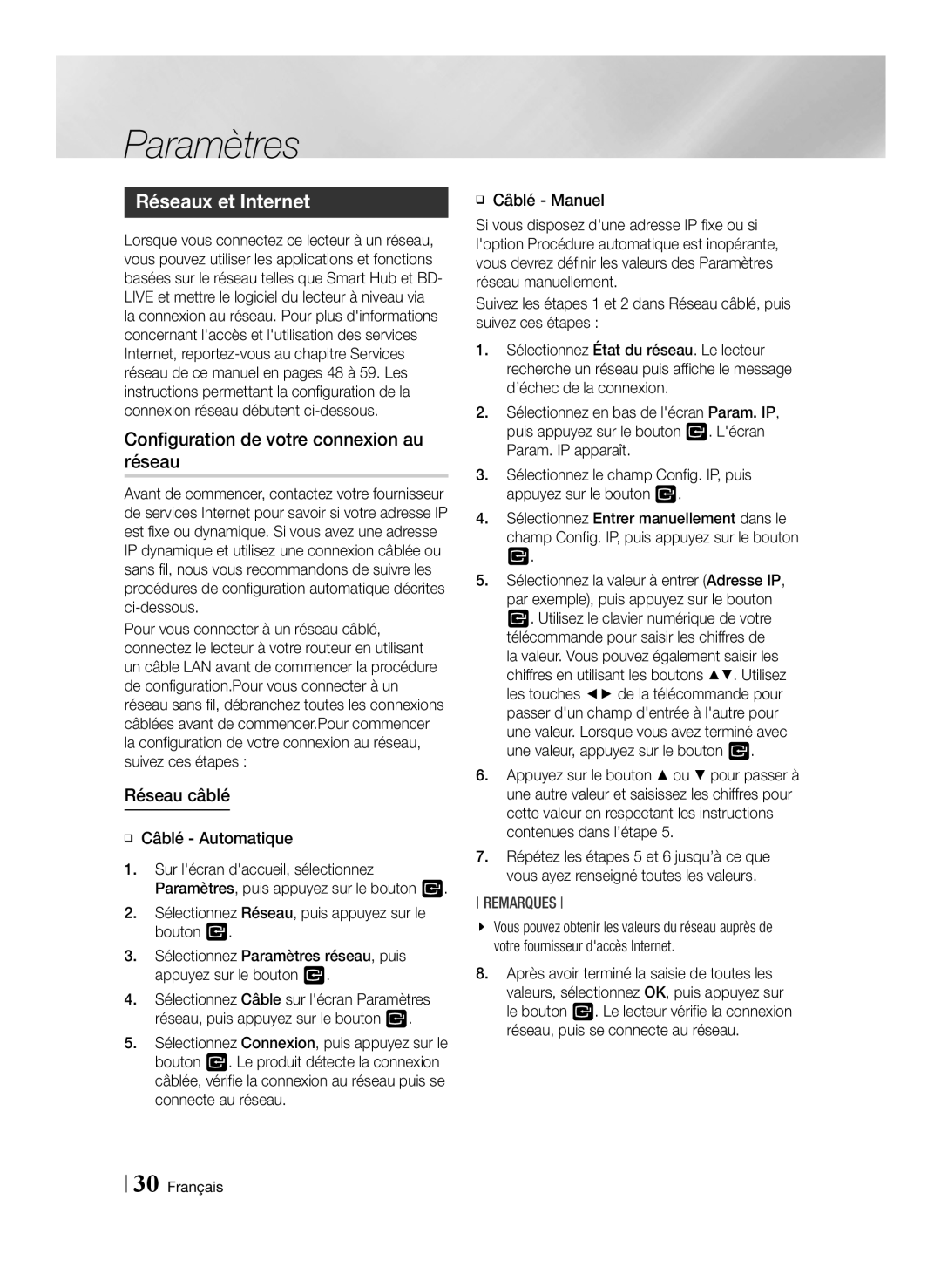 Samsung BD-F7500/ZF Réseaux et Internet, Configuration de votre connexion au réseau, Réseau câblé, ĞĞ Câblé Automatique 