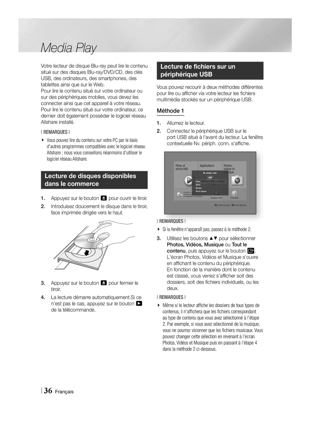 Samsung BD-F7500/XN Lecture de fichiers sur un périphérique USB, Méthode, Si la fenêtre napparaît pas, passez à la méthode 