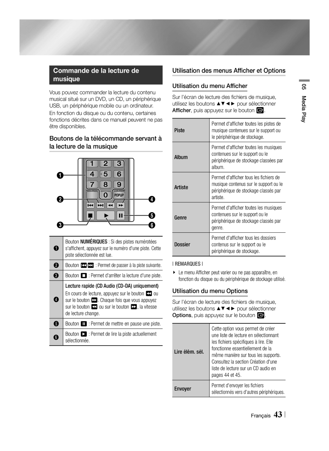 Samsung BD-F7500/XE, BD-F7500/XN, BD-F7500/EN, BD-F7500/ZF manual Commande de la lecture de musique 