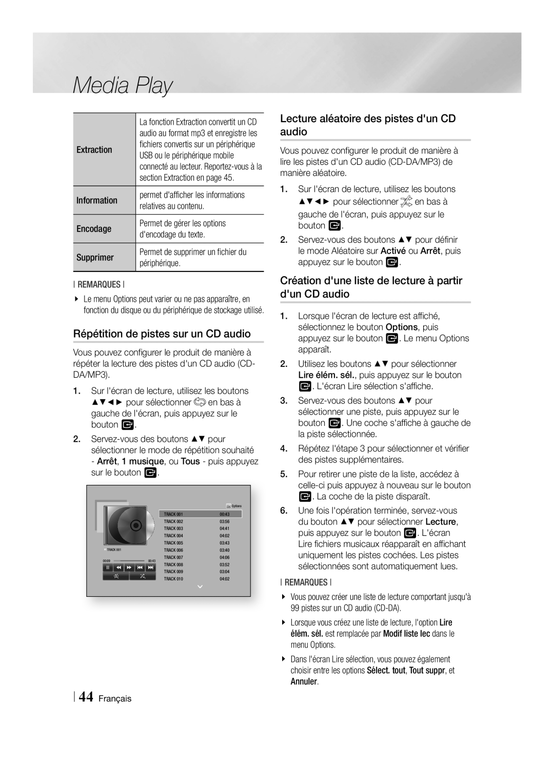 Samsung BD-F7500/XN Répétition de pistes sur un CD audio, Lecture aléatoire des pistes dun CD audio, Relatives au contenu 