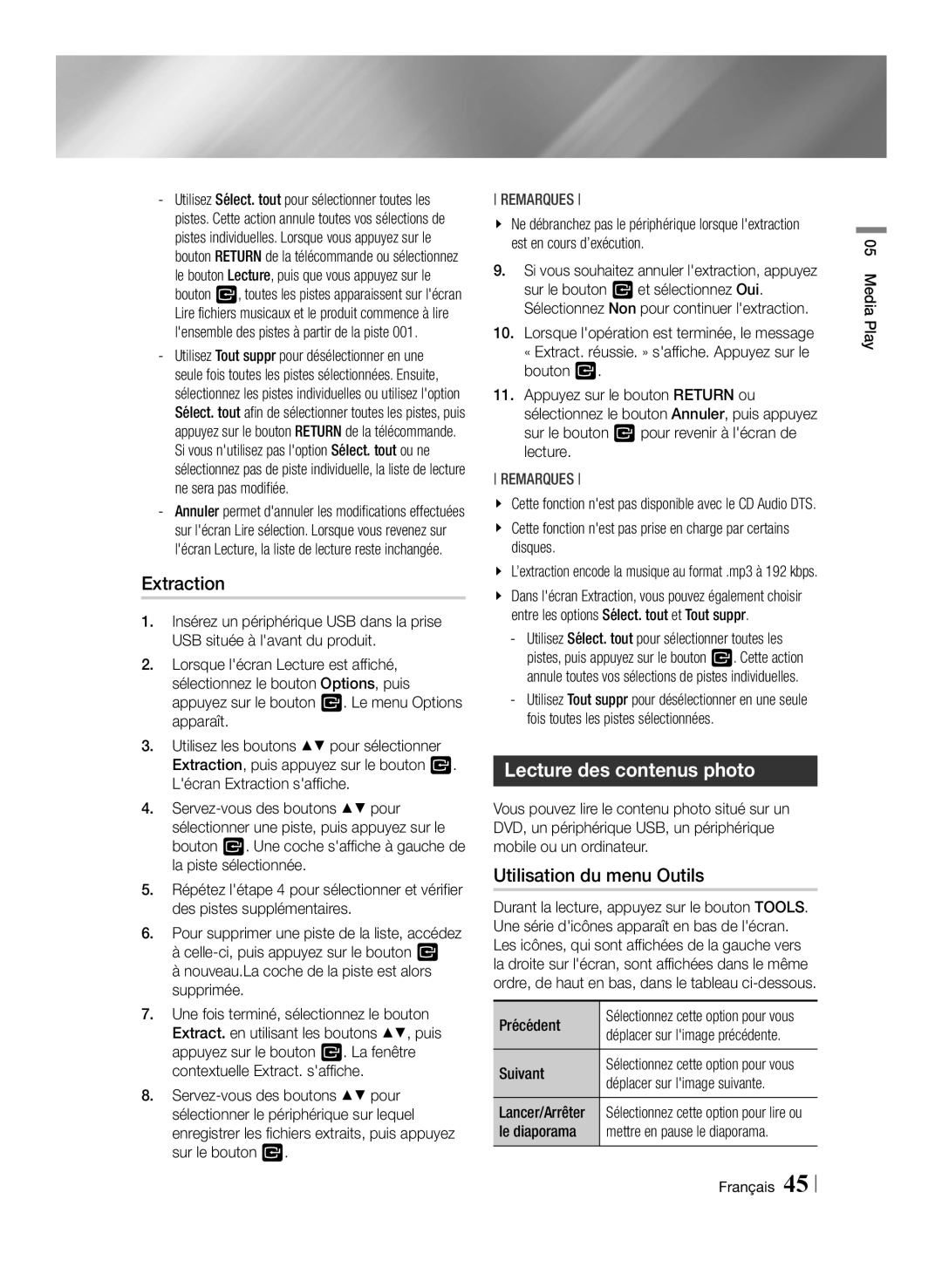 Samsung BD-F7500/EN, BD-F7500/XN, BD-F7500/ZF, BD-F7500/XE manual Extraction, Lecture des contenus photo 