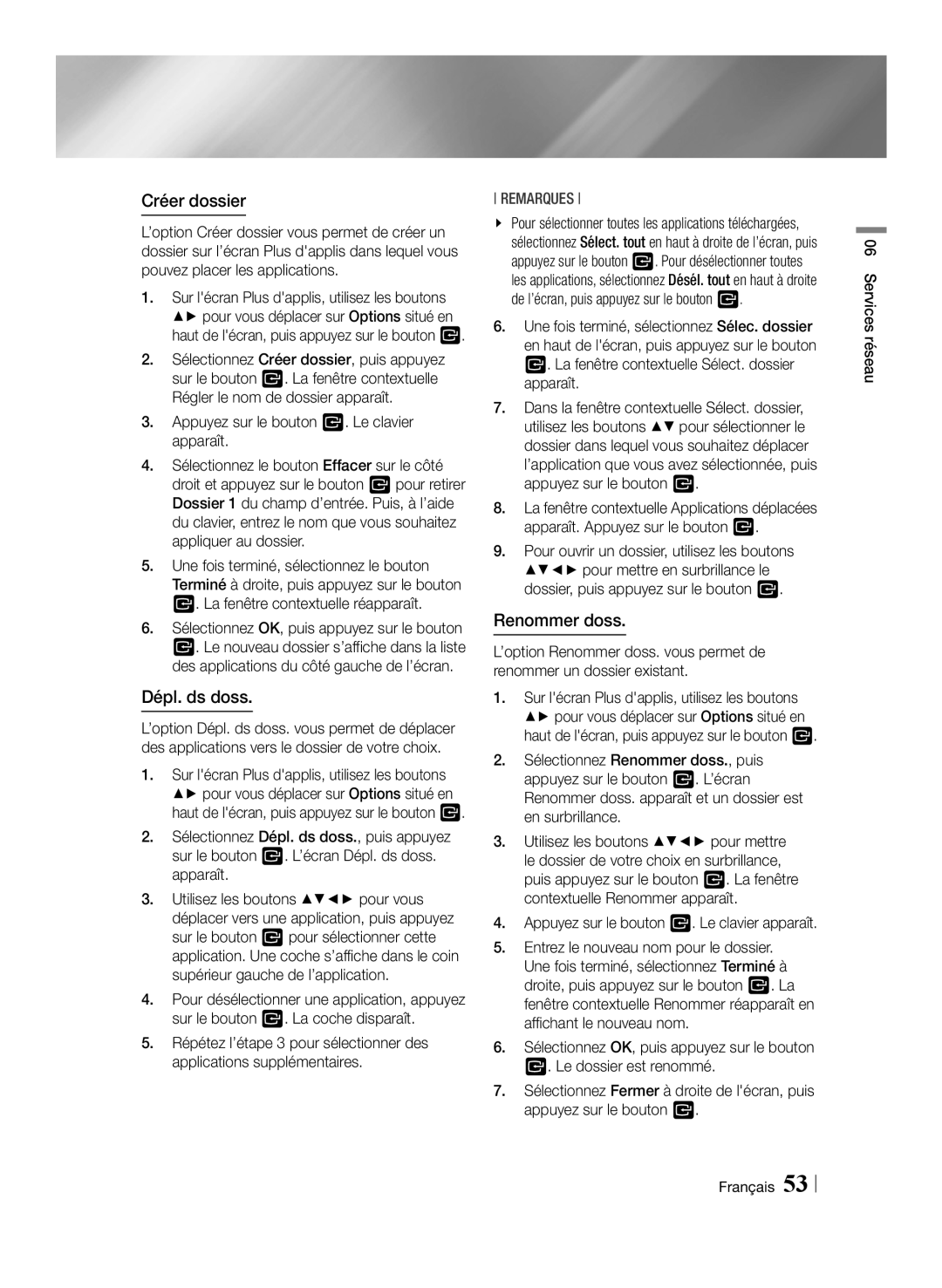 Samsung BD-F7500/EN, BD-F7500/XN, BD-F7500/ZF, BD-F7500/XE manual Créer dossier, Dépl. ds doss, Renommer doss 