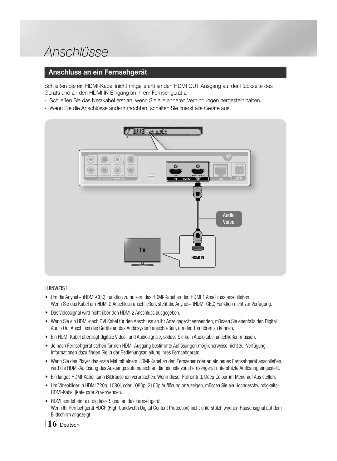 Samsung BD-F7500/EN, BD-F7500/XN, BD-F7500/ZF, BD-F7500/XE manual Anschlüsse, Anschluss an ein Fernsehgerät 