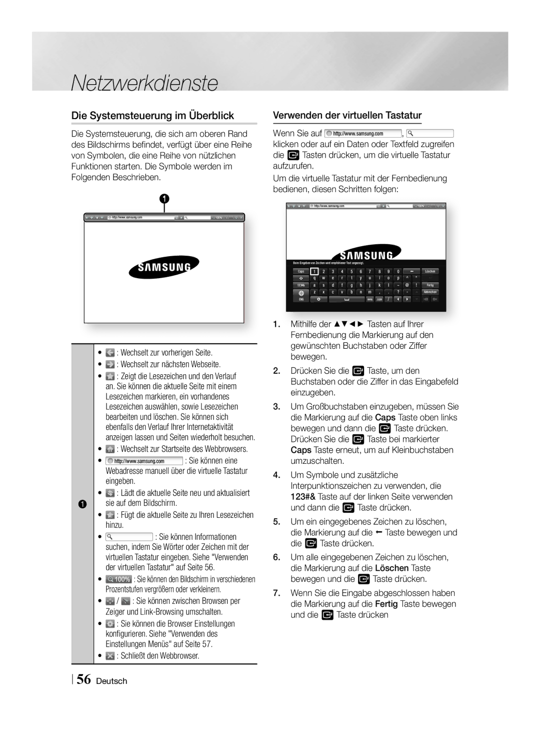 Samsung BD-F7500/EN Die Systemsteuerung im Überblick, Verwenden der virtuellen Tastatur, Eingeben, Schließt den Webbrowser 