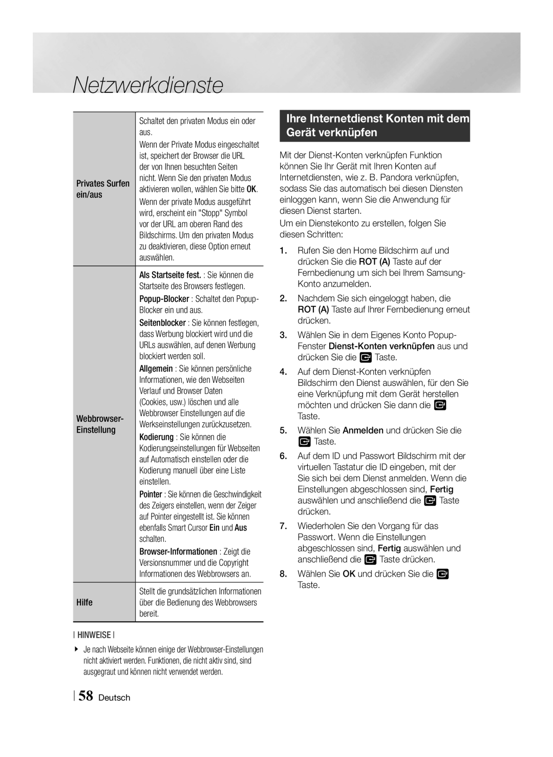 Samsung BD-F7500/XE, BD-F7500/XN, BD-F7500/EN, BD-F7500/ZF manual Ihre Internetdienst Konten mit dem Gerät verknüpfen 