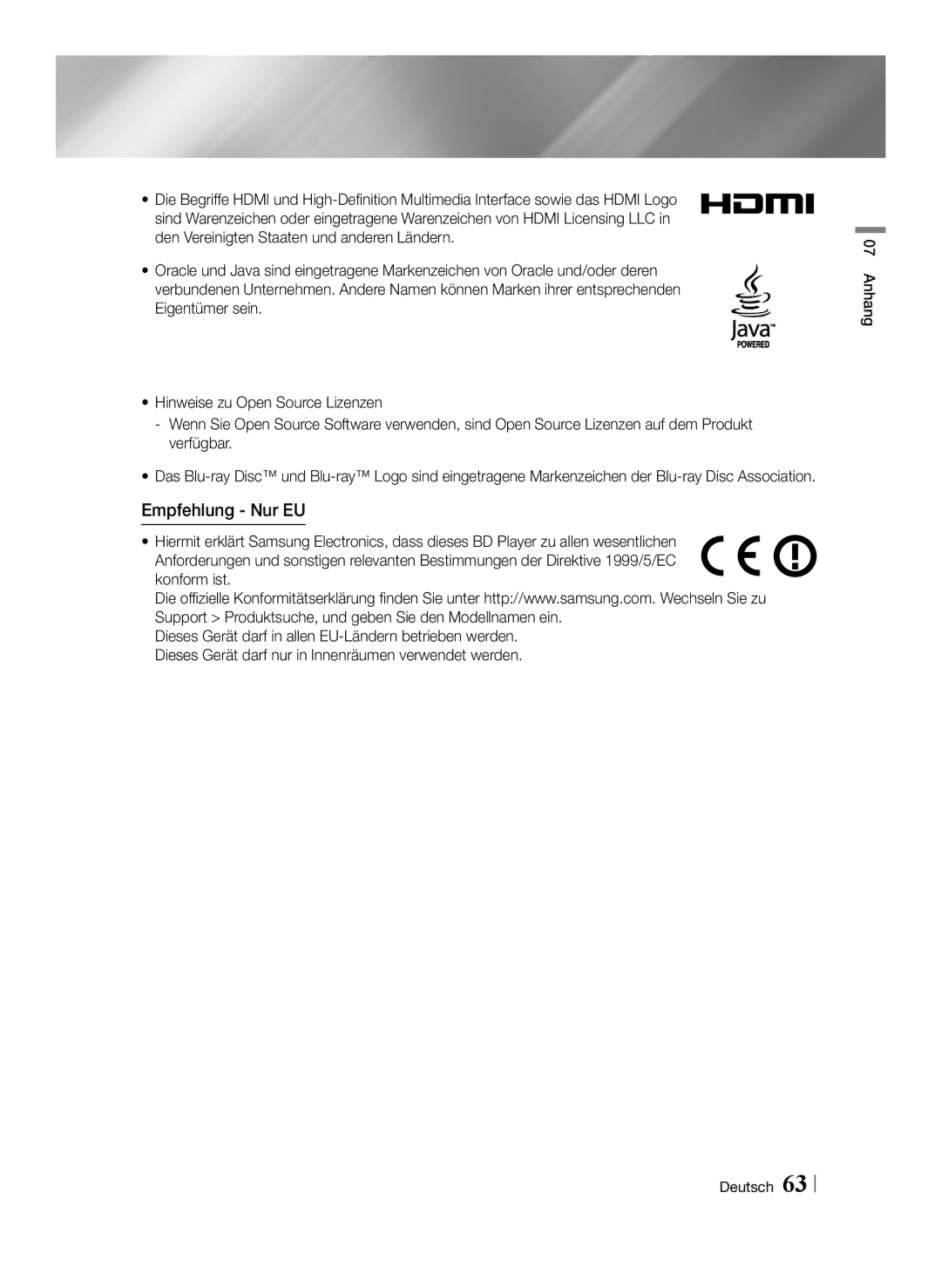 Samsung BD-F7500/XN, BD-F7500/EN, BD-F7500/ZF, BD-F7500/XE manual Empfehlung Nur EU 